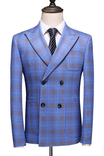 Blue Plaid Peak Double Breasted Lapel 2 Pieces Men's Prom Suits